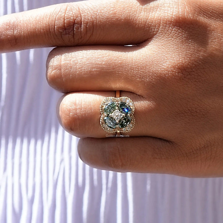 Green Oval Cut Halo Moissanite Engagement Ring