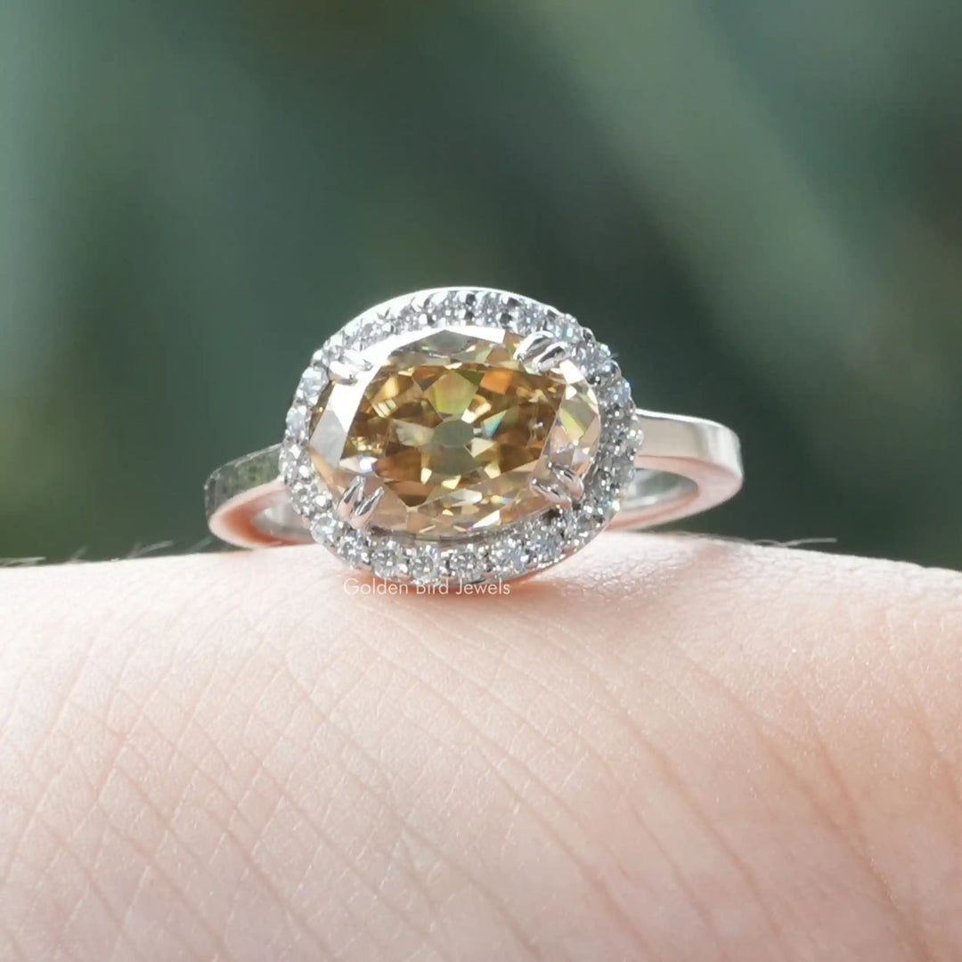 Old Mine Oval Cut East West Moissanite Halo Ring