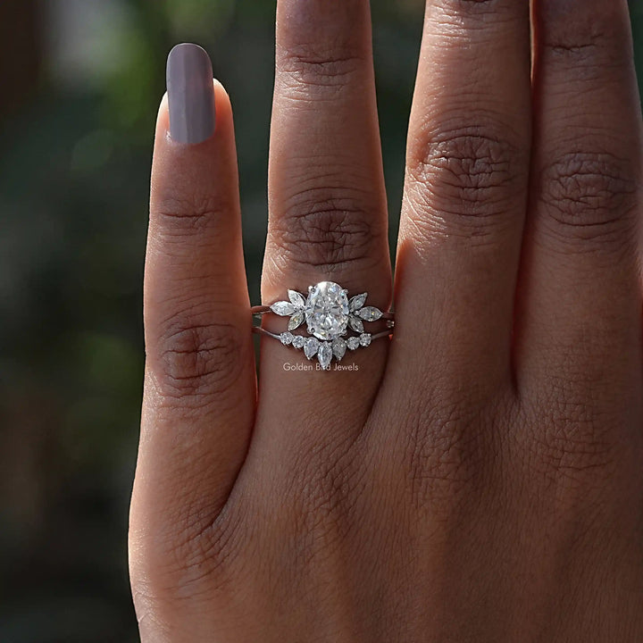 Oval Cut Moissanite Cluster Ring With Chevron Band