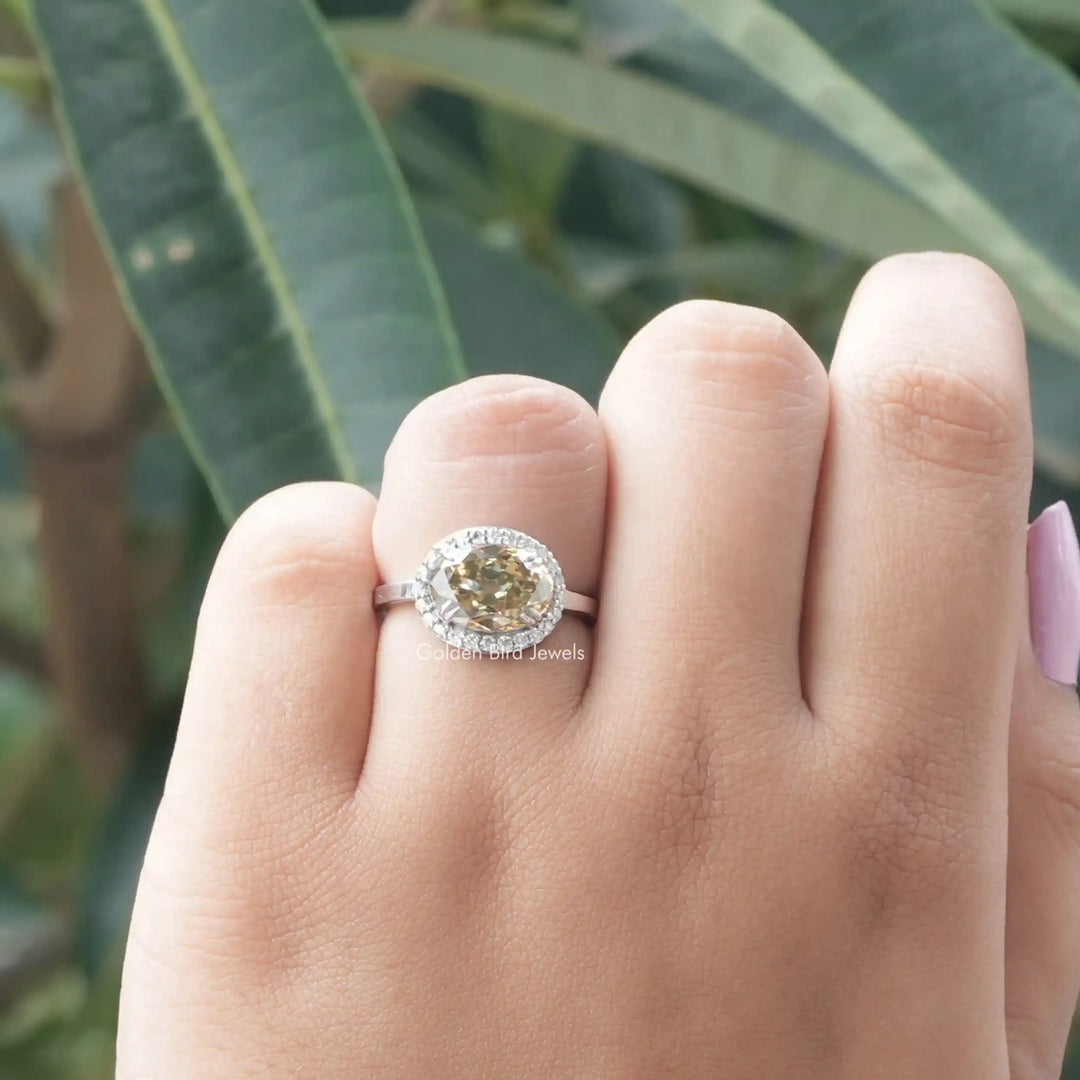 Old Mine Oval Cut East West Moissanite Halo Ring