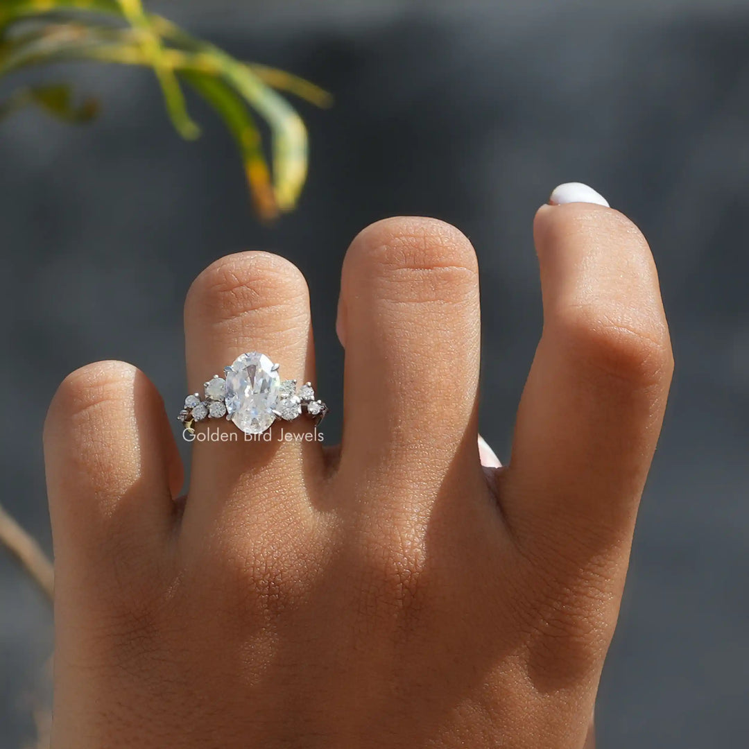 3 Carat Oval Cut Moissanite Cluster Engagement Ring