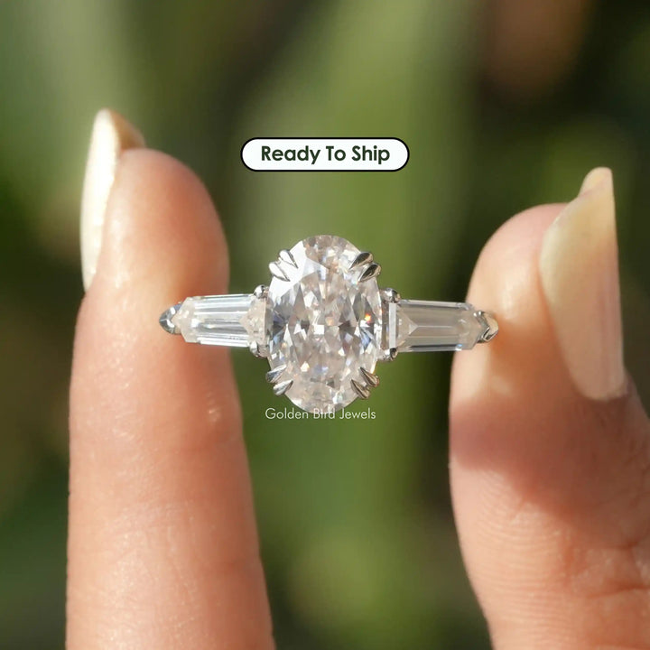 Crushed Ice Oval Moissanite Three Stone Ring