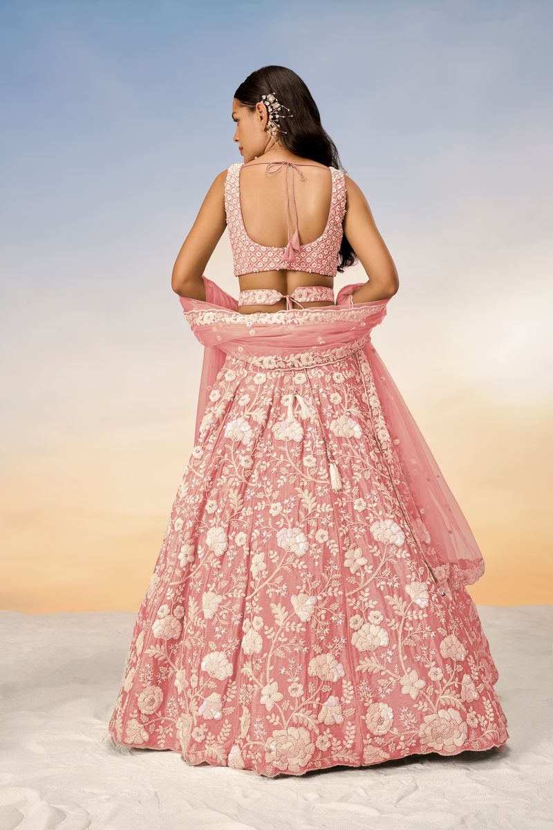 Rose Gold Chinon Sequins and Zarkan embroidery Semi-Stitched Lehenga choli & Dupatta - qivii