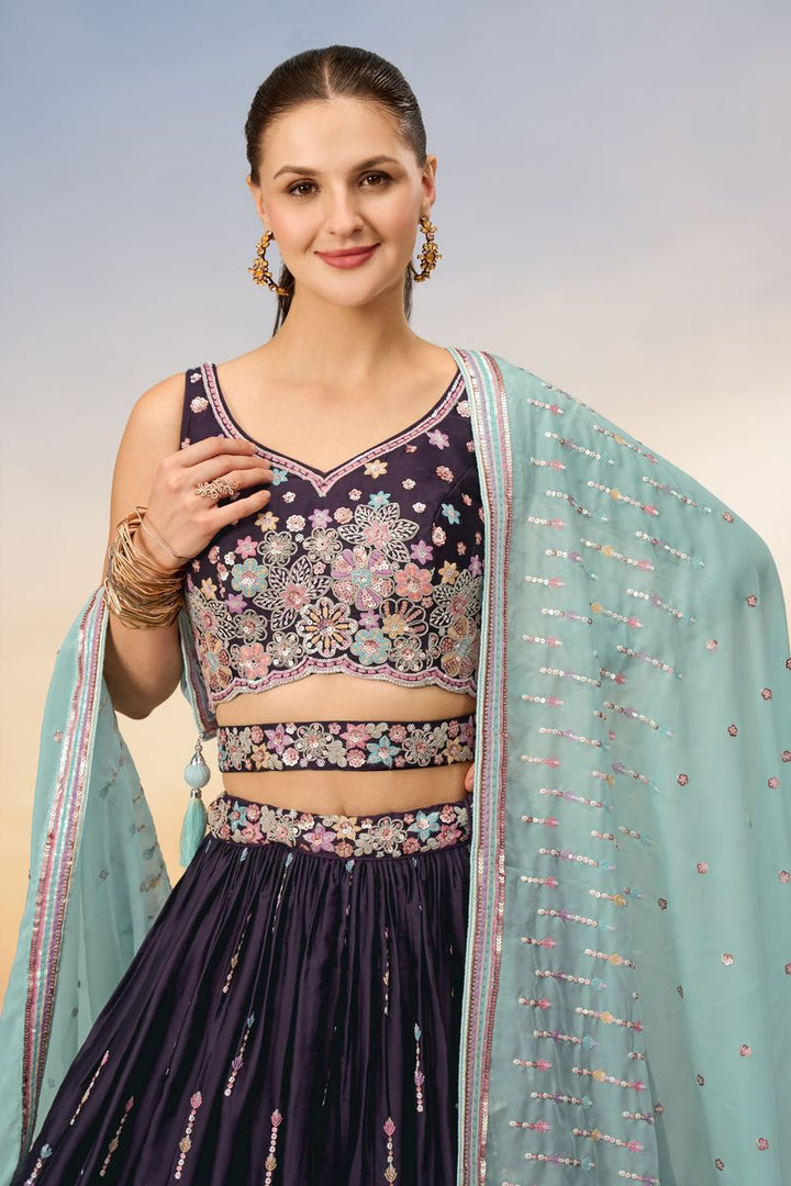 Burgundy - Satin Silk Embroidered Using Different Color Sequin-Thread Semi-Stitched Lehenga Choli