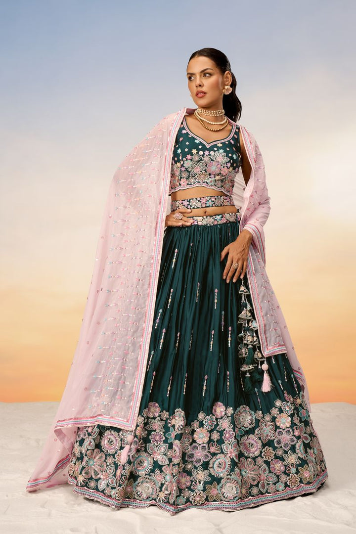 Green - Satin Silk Embroidered Using Different Color Sequin-Thread Semi-Stitched Lehenga Choli