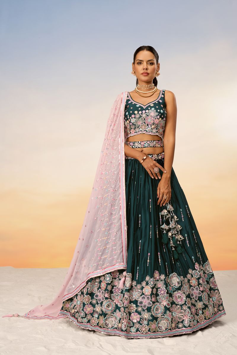 Semi-stitched lehenga choli with intricate satin silk embroidery