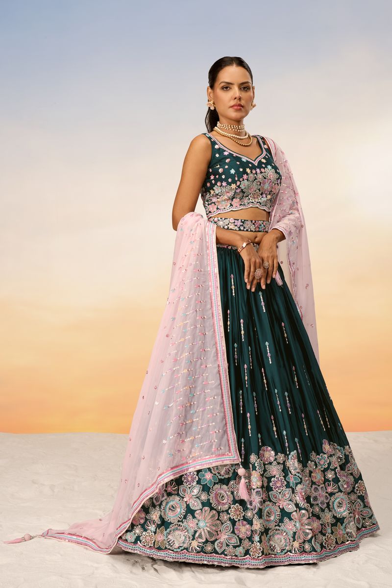 Green - Satin Silk Embroidered Using Different Color Sequin-Thread Semi-Stitched Lehenga Choli