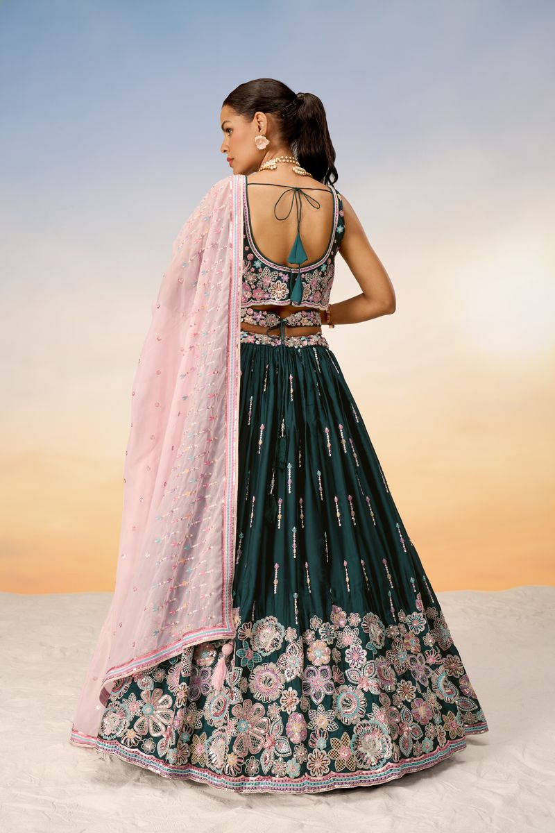 Green - Satin Silk Embroidered Using Different Color Sequin-Thread Semi-Stitched Lehenga Choli