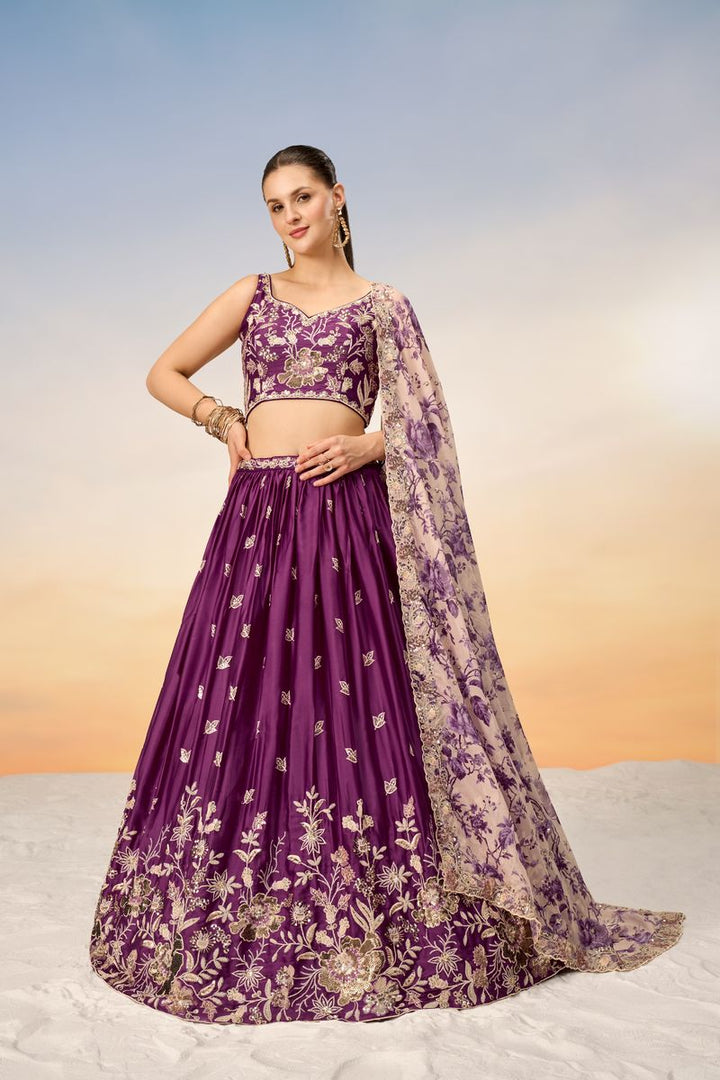 Burgundy Satin silk Sequins embroidery Semi-Stitched Lehenga choli & Dupatta