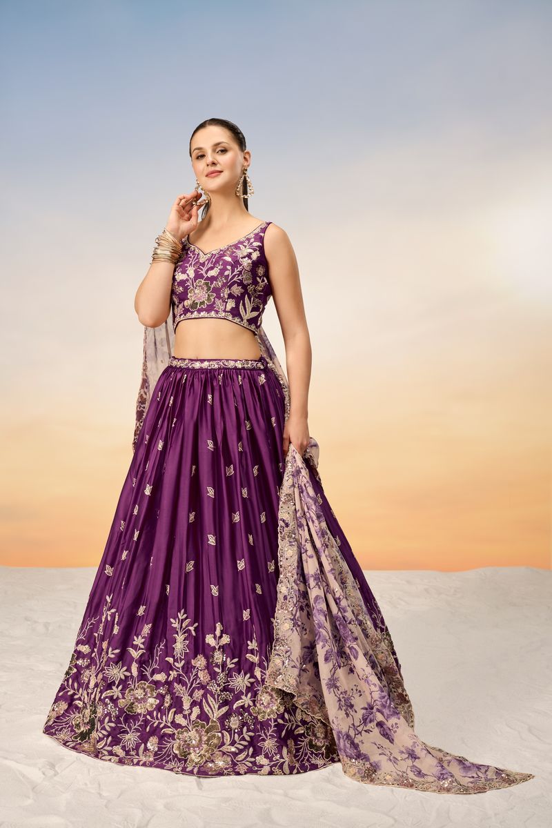 Burgundy Satin silk Sequins embroidery Semi-Stitched Lehenga choli & Dupatta