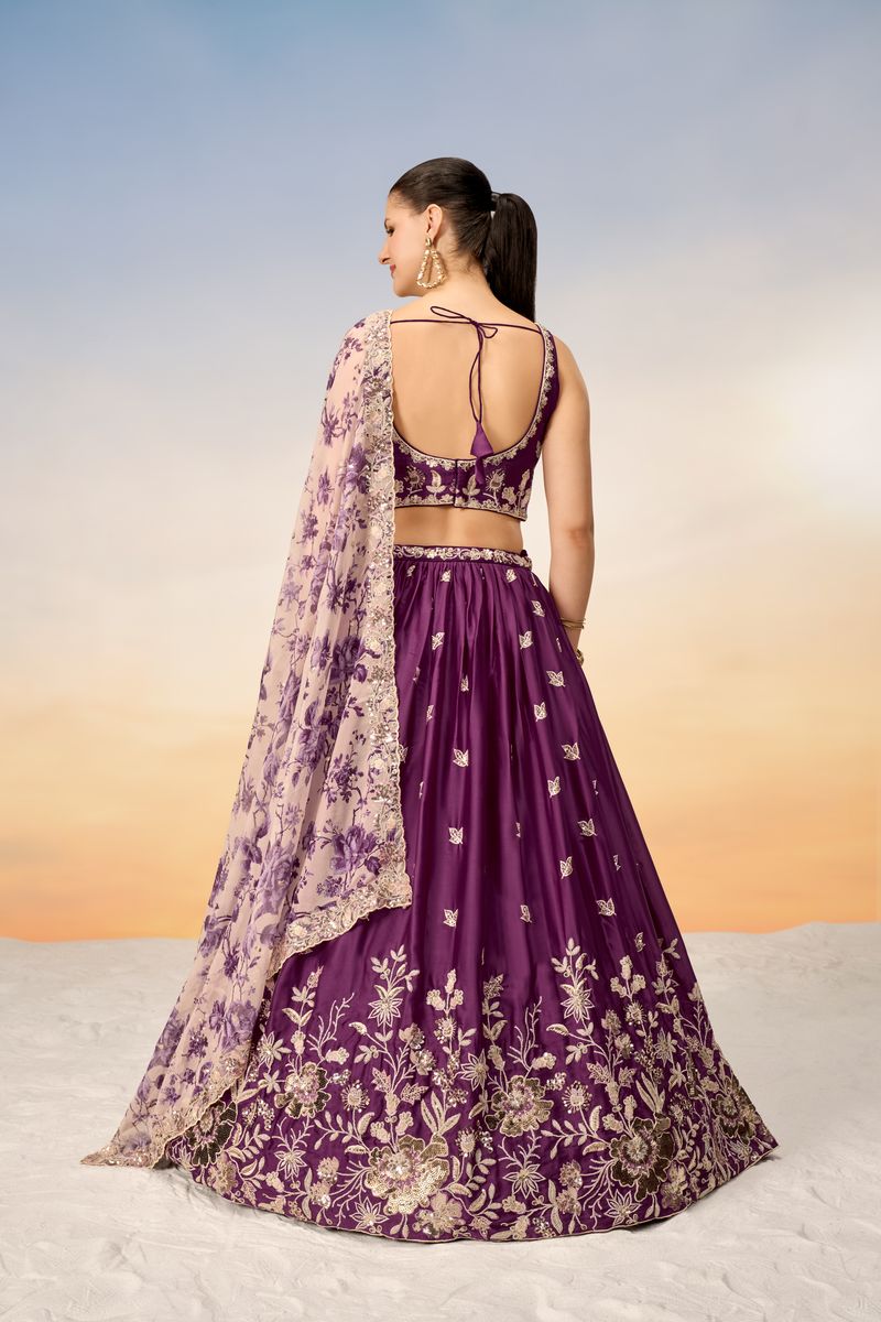 Burgundy Satin silk Sequins embroidery Semi-Stitched Lehenga choli & Dupatta