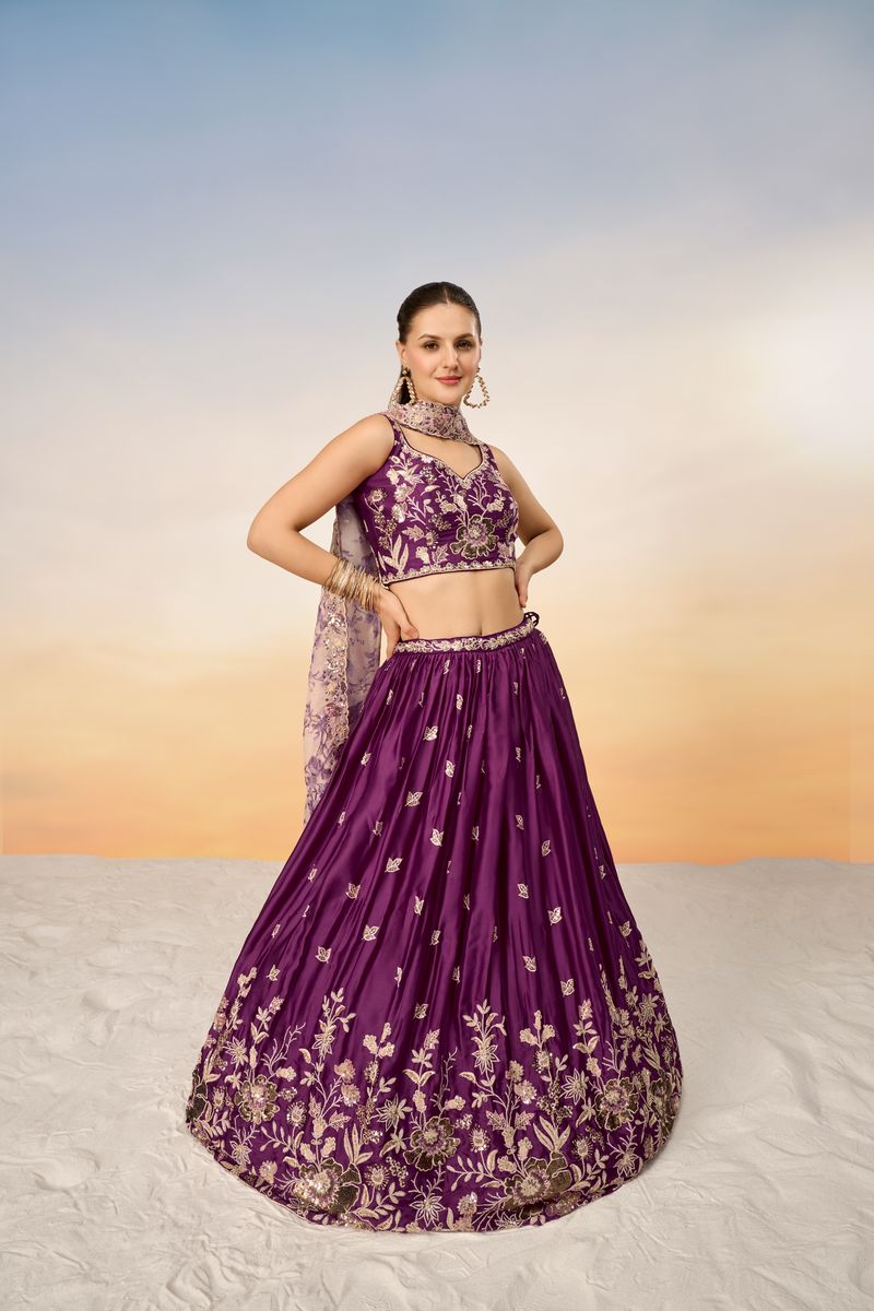 Burgundy Satin silk Sequins embroidery Semi-Stitched Lehenga choli & Dupatta