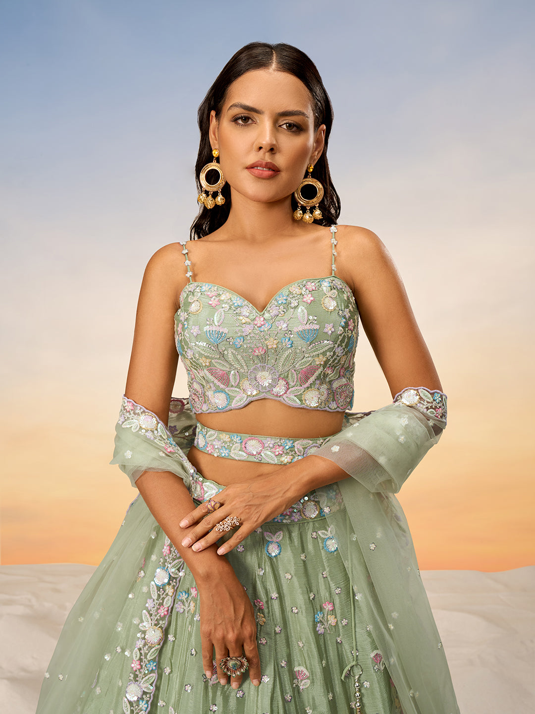 Limegreen - Multi Color Chiffon Embroidered using Sequins,Thread & Coding Semi-Stitched Lehenga choli - qivii