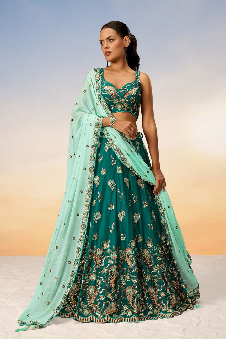 Green Pure Georgette Lehenga Choli with Sequins Embroidery and Dupatta