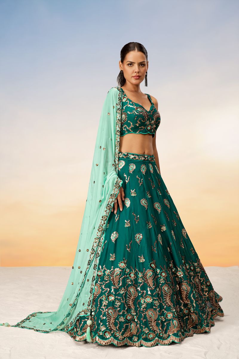 Beautifully embroidered semi-stitched lehenga choli with heavy sequins