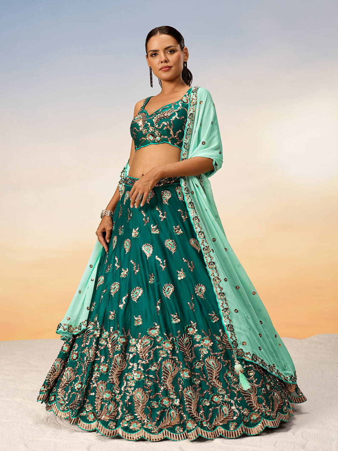 Green - Golden Sequin,Thread,Coding Feather Work Embroidered Georgette Semi-Stitched Lehenga choli - qivii