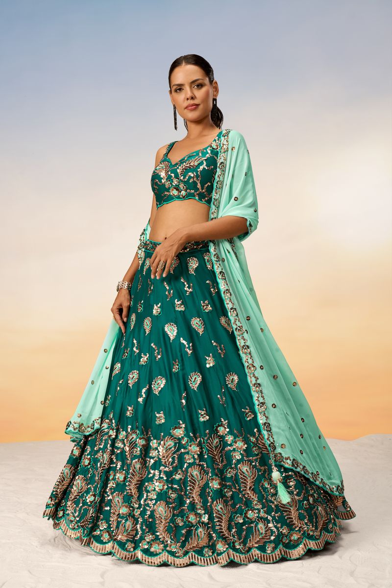 Elegant green georgette lehenga choli with intricate sequins work