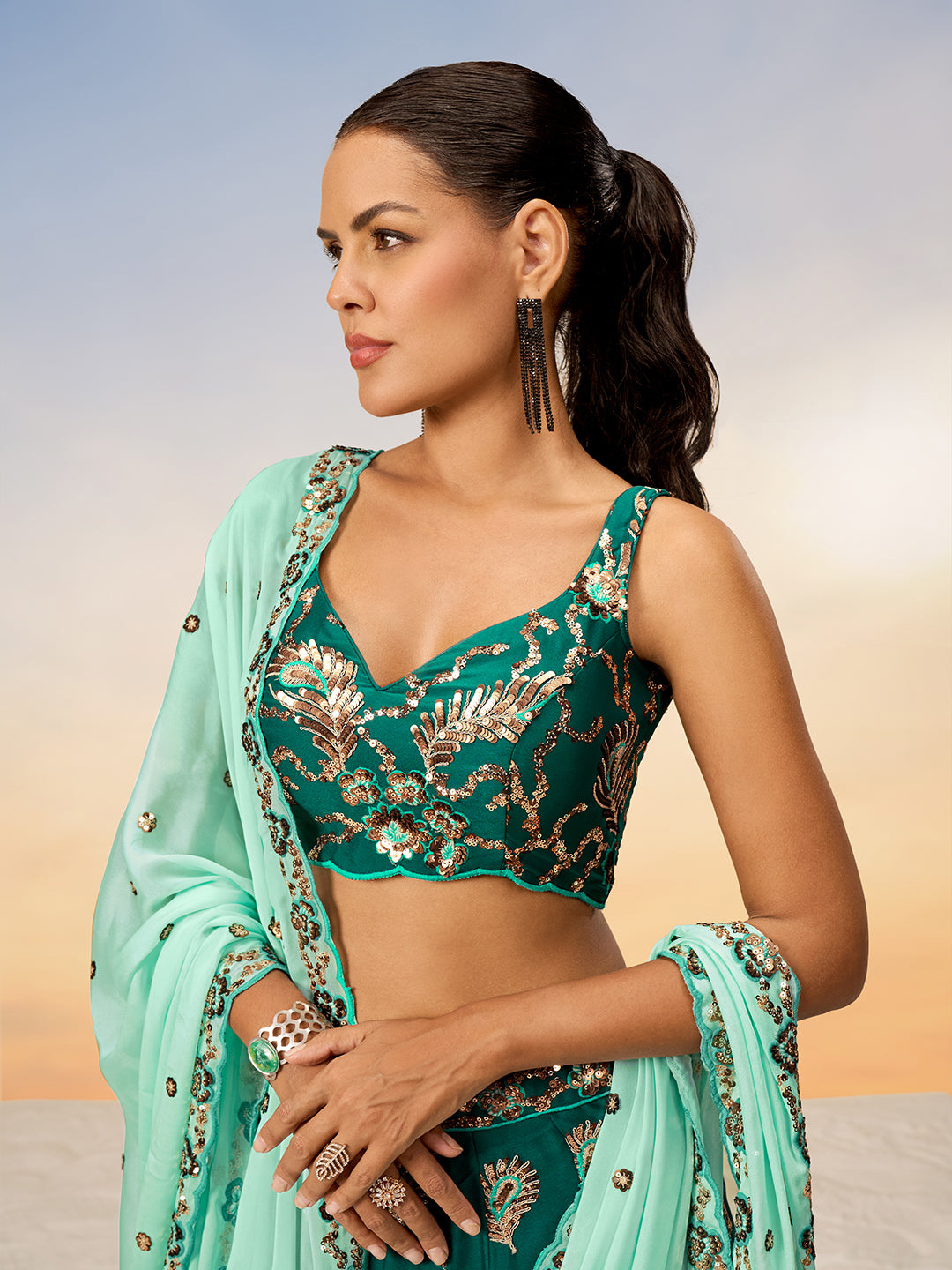 Green - Golden Sequin,Thread,Coding Feather Work Embroidered Georgette Semi-Stitched Lehenga choli - qivii