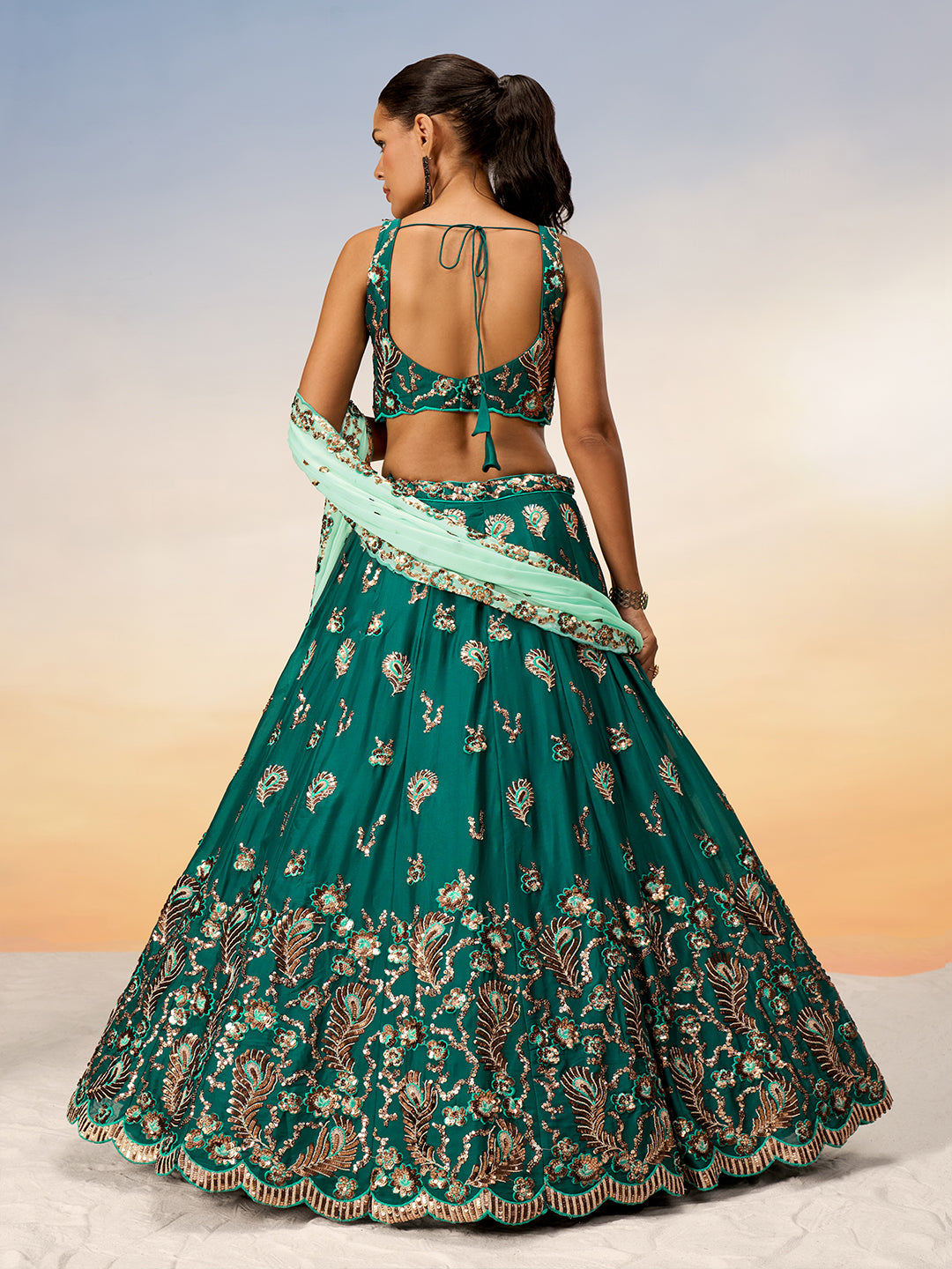Green - Golden Sequin,Thread,Coding Feather Work Embroidered Georgette Semi-Stitched Lehenga choli - qivii