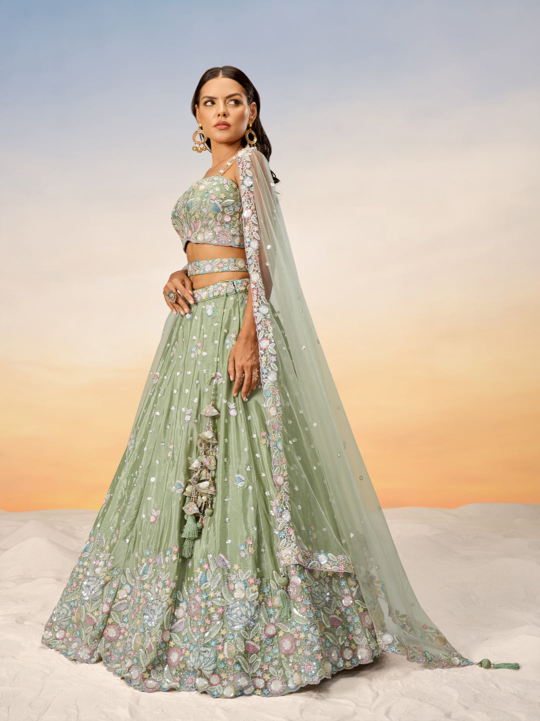 Limegreen - Multi Color Chiffon Embroidered using Sequins,Thread & Coding Semi-Stitched Lehenga choli - qivii