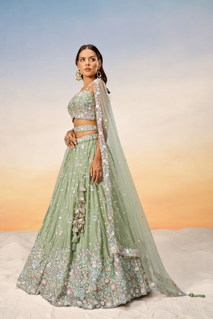 Lime green Chiffon Lehenga choli with intricate sequins and thread embroidery, paired with a matching Dupatta - Semi-Stitched Indian Ethnic Outfit