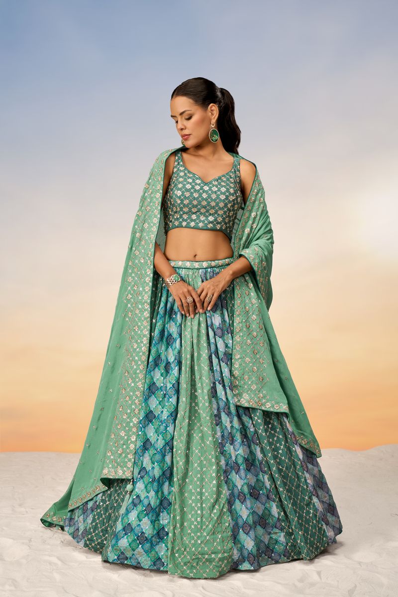 Lime Green Pure Chiffon position print with Sequins embroidery Semi-Stitched Lehenga choli & Dupatta - qivii