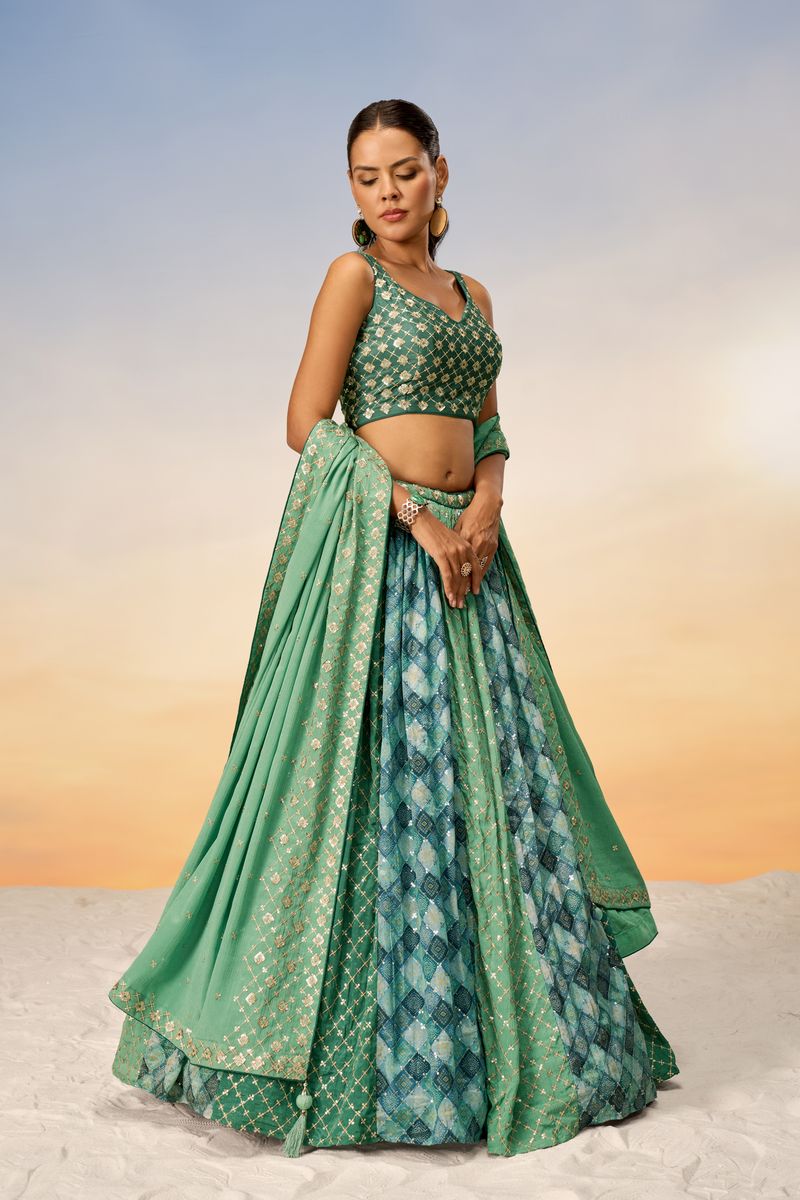 Lime Green Pure Chiffon position print with Sequins embroidery Semi-Stitched Lehenga choli & Dupatta - qivii