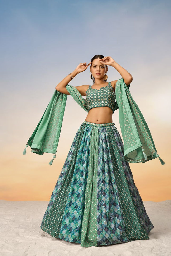 Lime Green Pure Chiffon position print with Sequins embroidery Semi-Stitched Lehenga choli & Dupatta - qivii