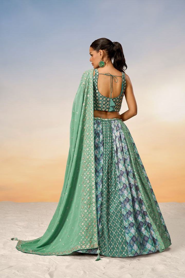 Lime Green Pure Chiffon position print with Sequins embroidery Semi-Stitched Lehenga choli & Dupatta - qivii