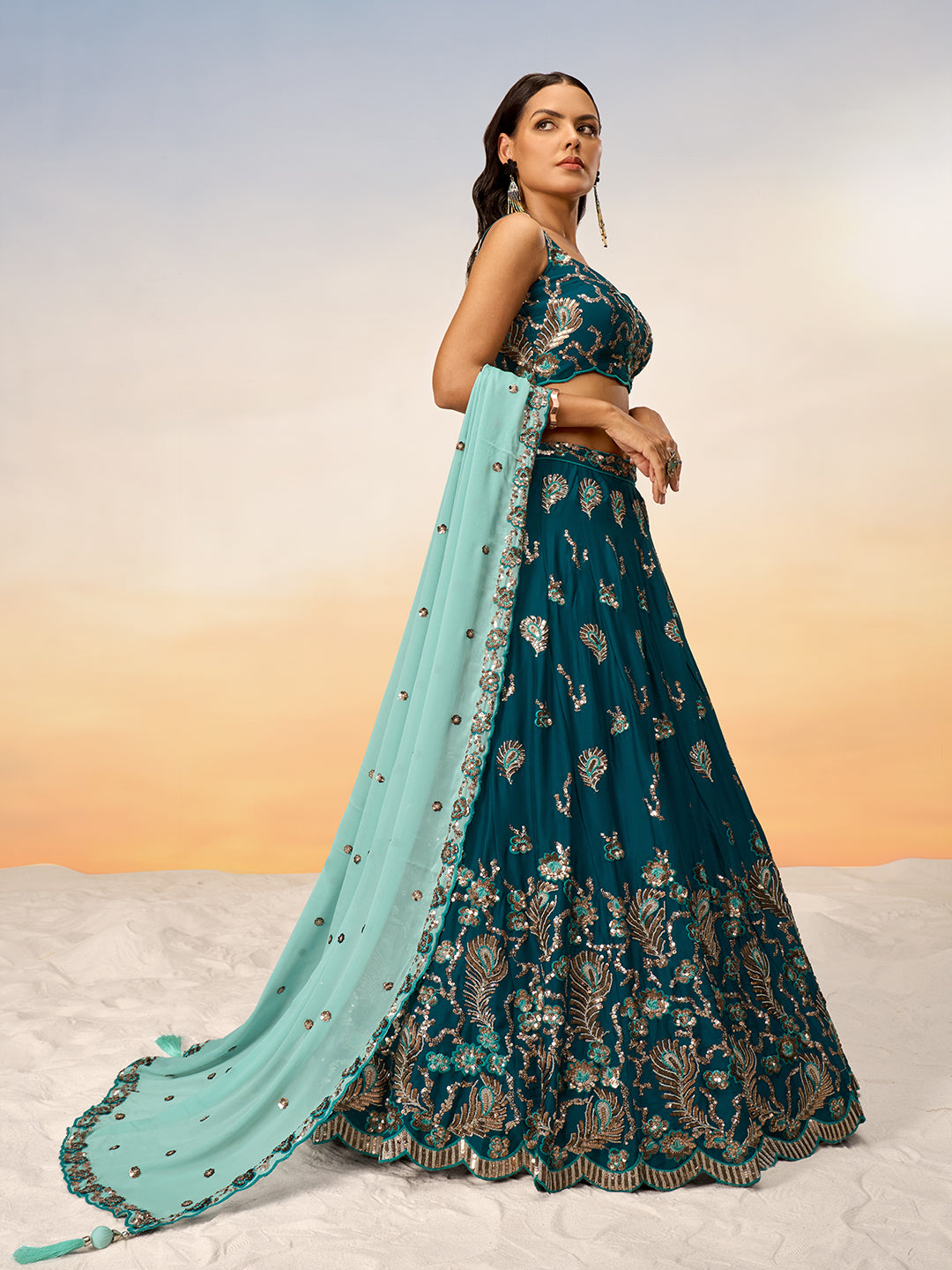Teal - Golden Sequin,Thread,Coding Feather Work Embroidered Georgette Semi-Stitched Lehenga choli - qivii
