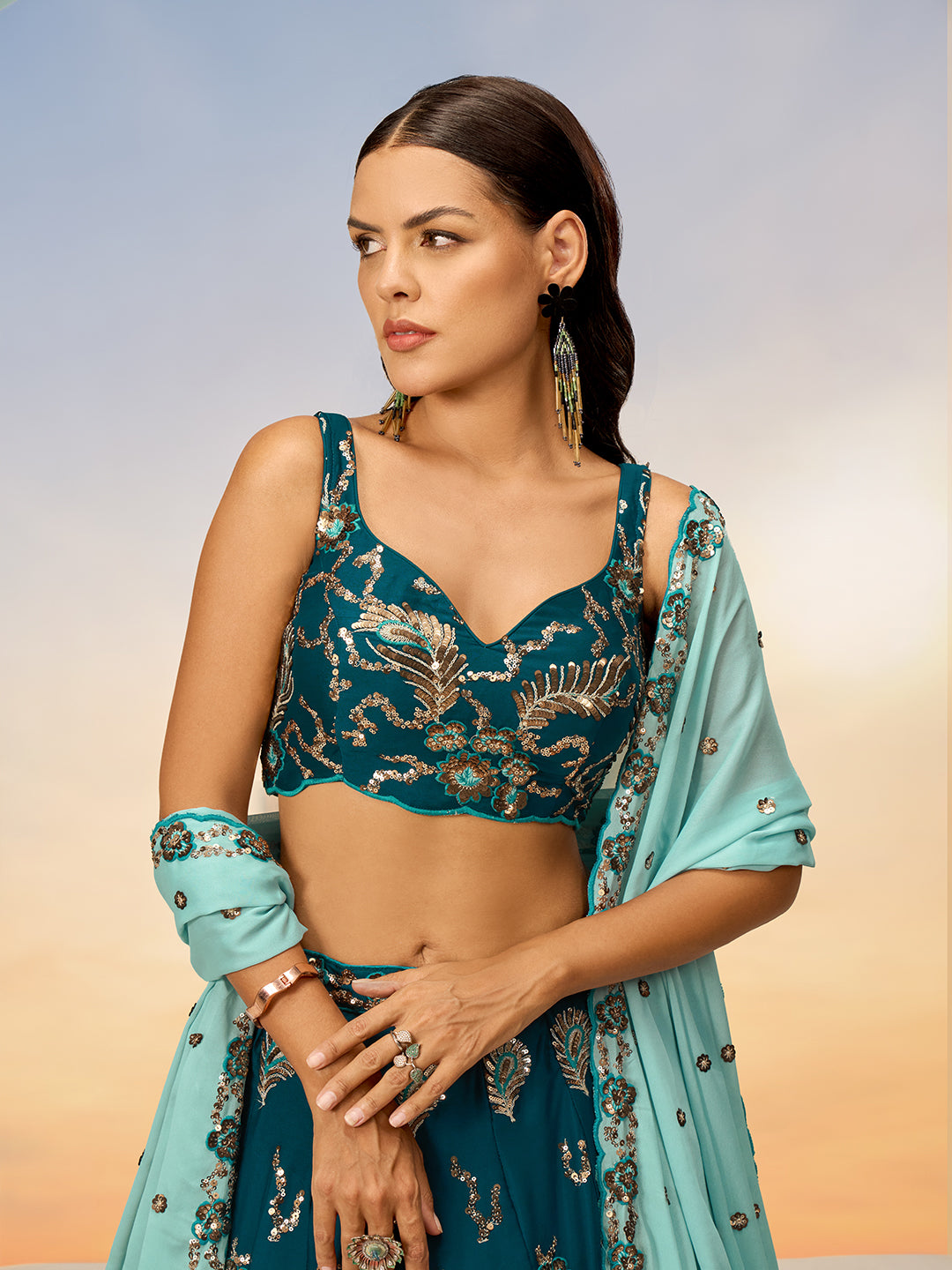 Teal - Golden Sequin,Thread,Coding Feather Work Embroidered Georgette Semi-Stitched Lehenga choli - qivii