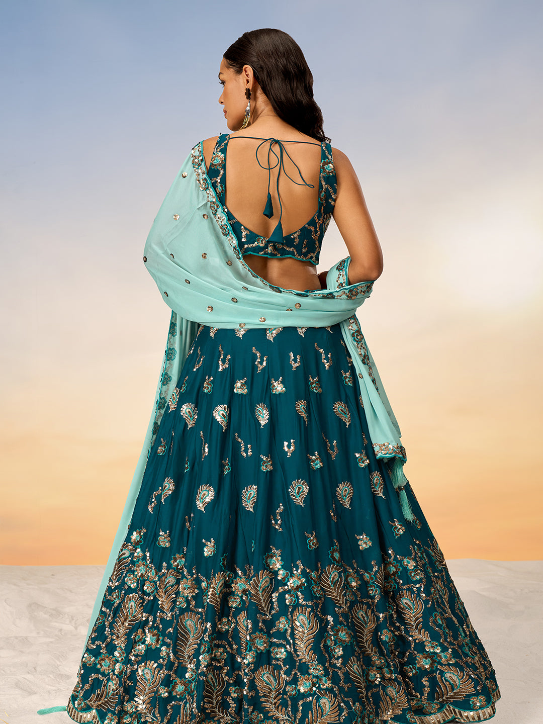 Teal - Golden Sequin,Thread,Coding Feather Work Embroidered Georgette Semi-Stitched Lehenga choli - qivii