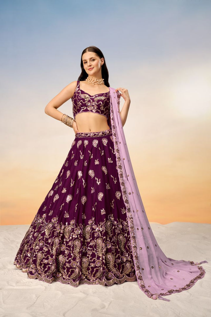 Burgundy Pure Georgette Lehenga choli with heavy Sequins embroidery, Semi-Stitched, and Dupatta - This image showcases a luxurious burgundy pure georgette lehenga choli with intricate heavy sequins embroidery, semi-stitched, and a matching dupatta