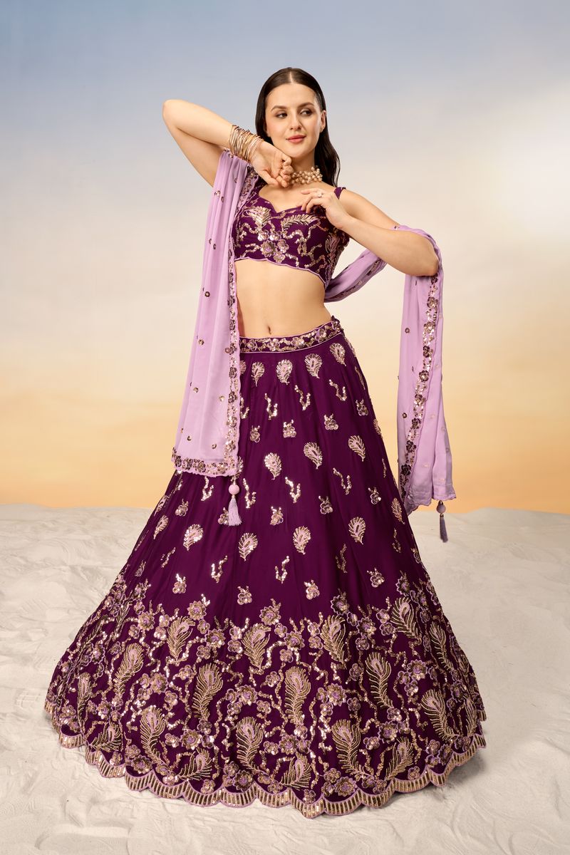 Burgundy Pure Georgette Lehenga choli with heavy Sequins embroidery, Semi-Stitched, and Dupatta