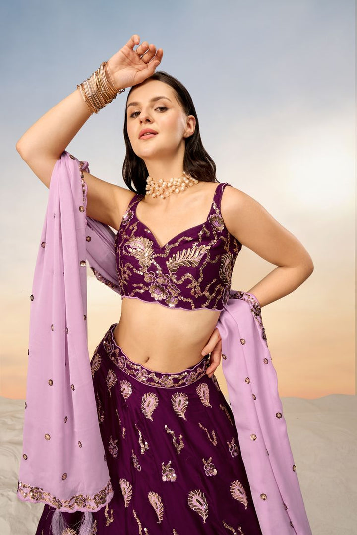 Burgundy Pure Georgette Lehenga choli with heavy Sequins embroidery and matching Dupatta