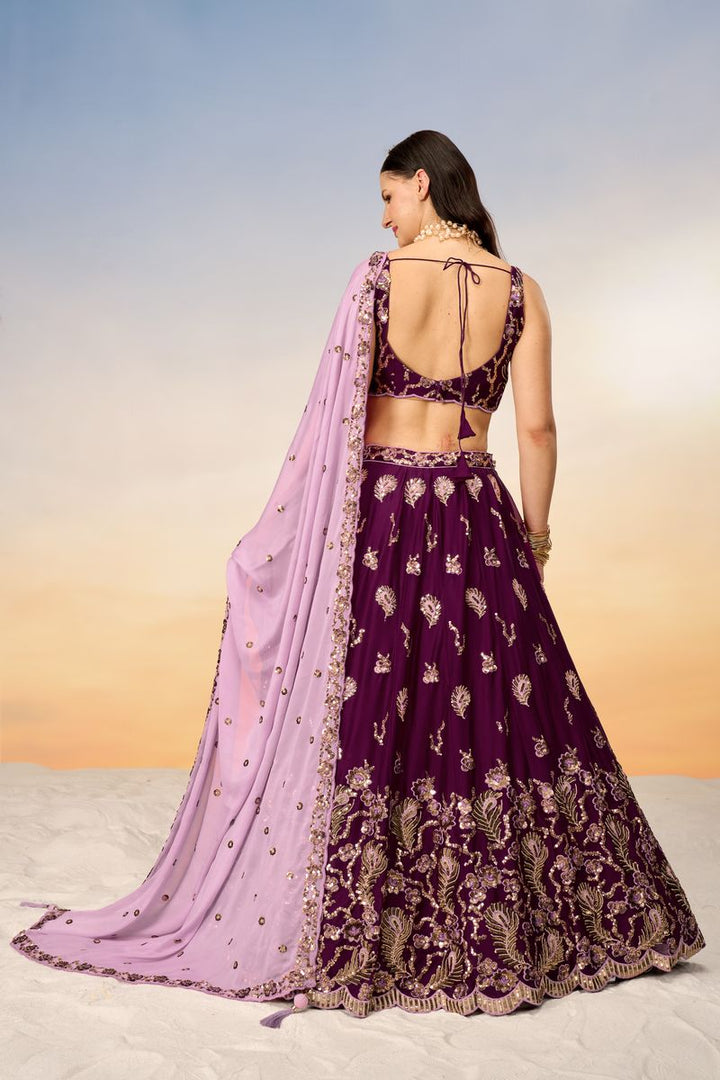 Burgundy Pure Georgette Lehenga Choli with Sequins Embroidery and Dupatta - A stunning semi-stitched lehenga choli set in rich burgundy color with intricate sequins embroidery, made of pure georgette fabric, and paired with a matching dupatta