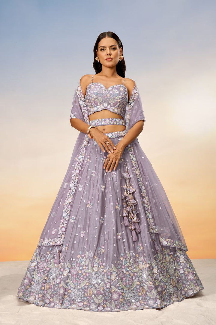 Mauve Chiffon Sequins and thread embroidery Semi-Stitched Lehenga choli & Dupatta