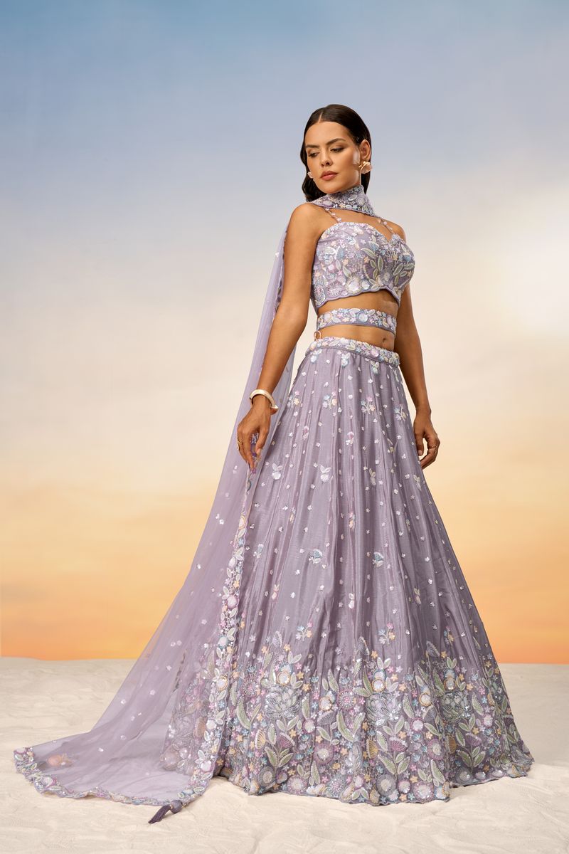 Mauve Chiffon Sequins and thread embroidery Semi-Stitched Lehenga choli & Dupatta