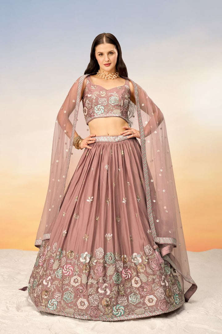 Rose gold Pure Georgette Sequins embroidery Semi-Stitched Lehenga choli & Dupatta - qivii