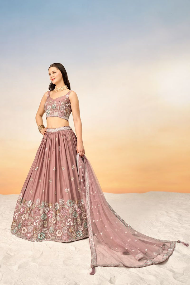 Rose gold Pure Georgette Sequins embroidery Semi-Stitched Lehenga choli & Dupatta - qivii