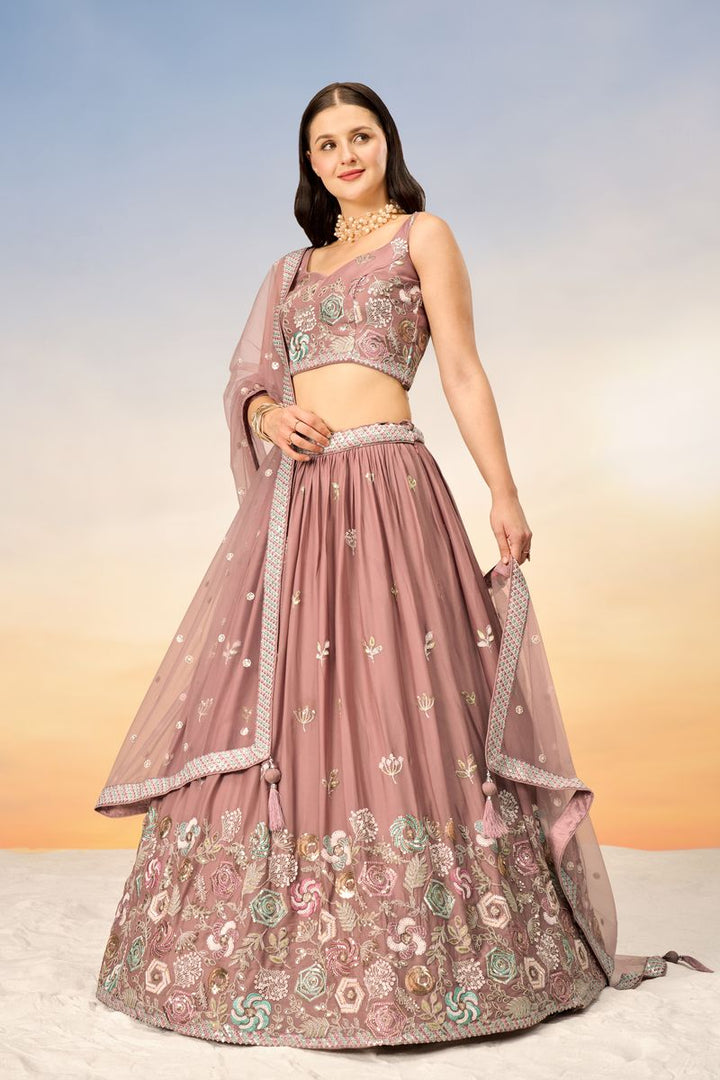 Rose gold Pure Georgette Sequins embroidery Semi-Stitched Lehenga choli & Dupatta - qivii