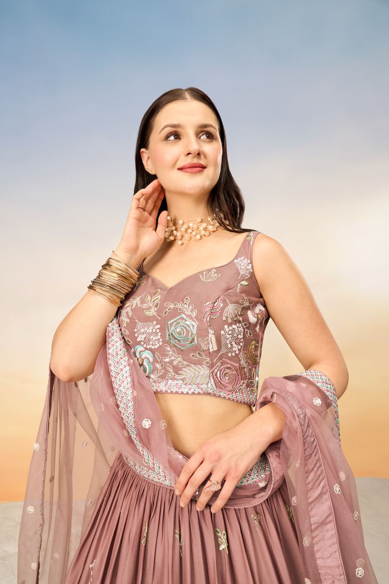 Rose gold Pure Georgette Sequins embroidery Semi-Stitched Lehenga choli & Dupatta - qivii