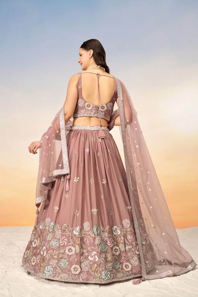 Rose gold Pure Georgette Sequins embroidery Semi-Stitched Lehenga choli & Dupatta - qivii