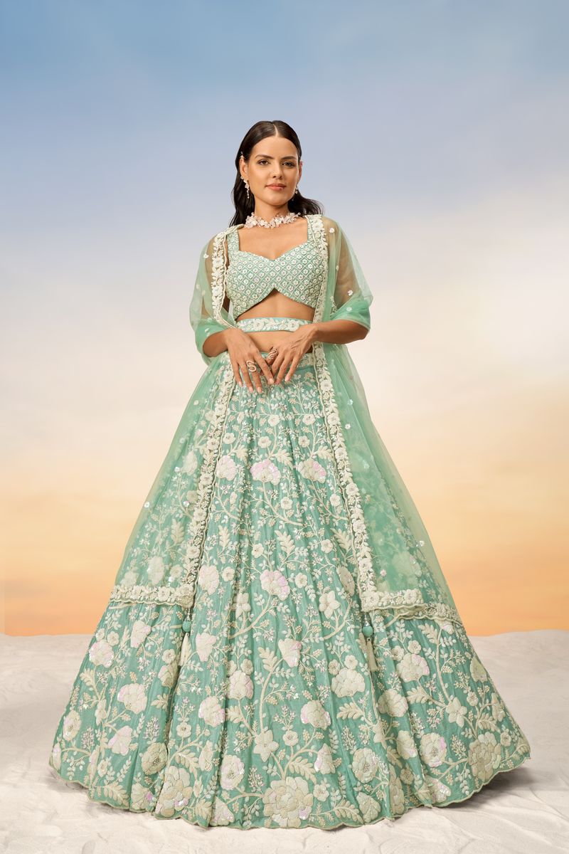 Sea Green Chinon Sequins and Zarkan embroidery Semi-Stitched Lehenga choli & Dupatta - qivii