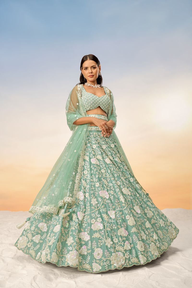 Sea Green Chinon Sequins and Zarkan embroidery Semi-Stitched Lehenga choli & Dupatta - qivii