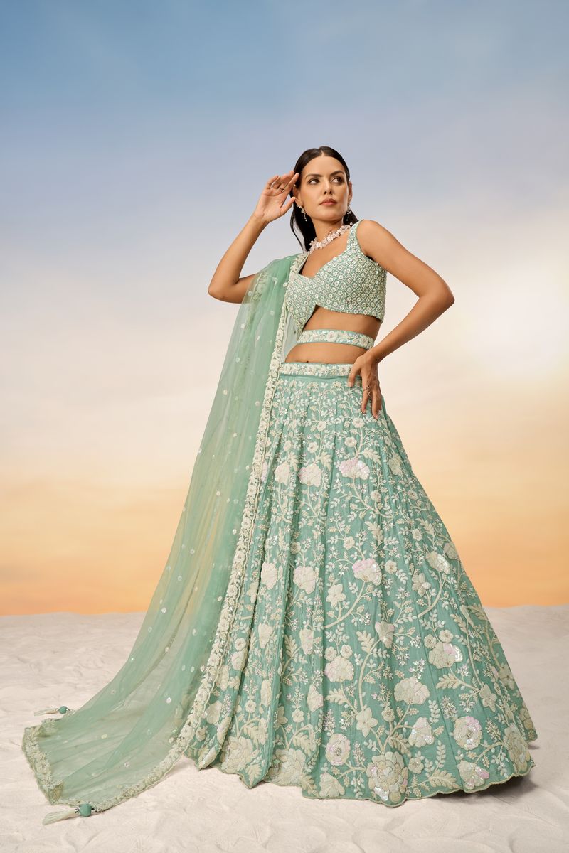 Sea Green Chinon Sequins and Zarkan embroidery Semi-Stitched Lehenga choli & Dupatta - qivii