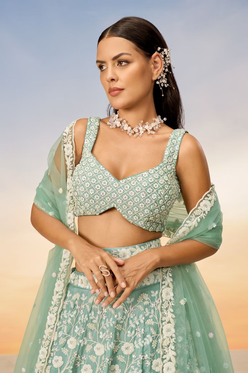 Sea Green Chinon Sequins and Zarkan embroidery Semi-Stitched Lehenga choli & Dupatta - qivii