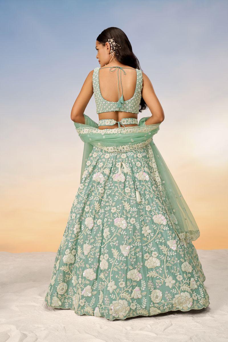 Sea Green Chinon Sequins and Zarkan embroidery Semi-Stitched Lehenga choli & Dupatta - qivii