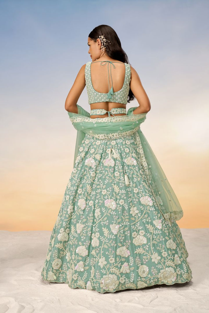 Sea Green Chinon Sequins and Zarkan embroidery Semi-Stitched Lehenga choli & Dupatta - qivii