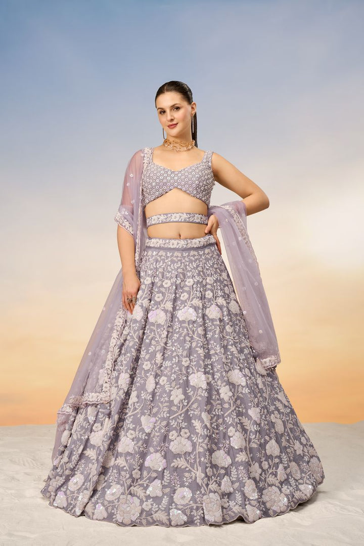 Mauve Chinon Sequins and Zarkan embroidery Semi-Stitched Lehenga choli & Dupatta